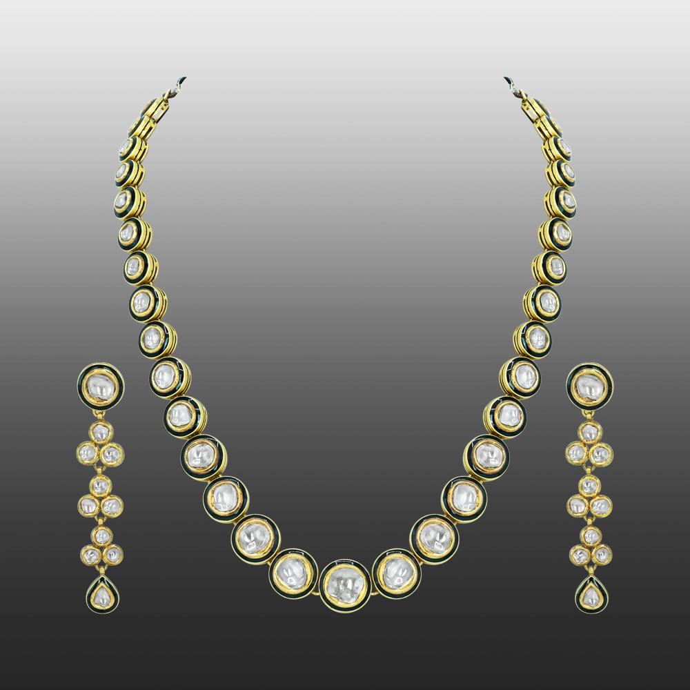 Black Enamel Polki Diamond Necklace Set for Timeless Elegance